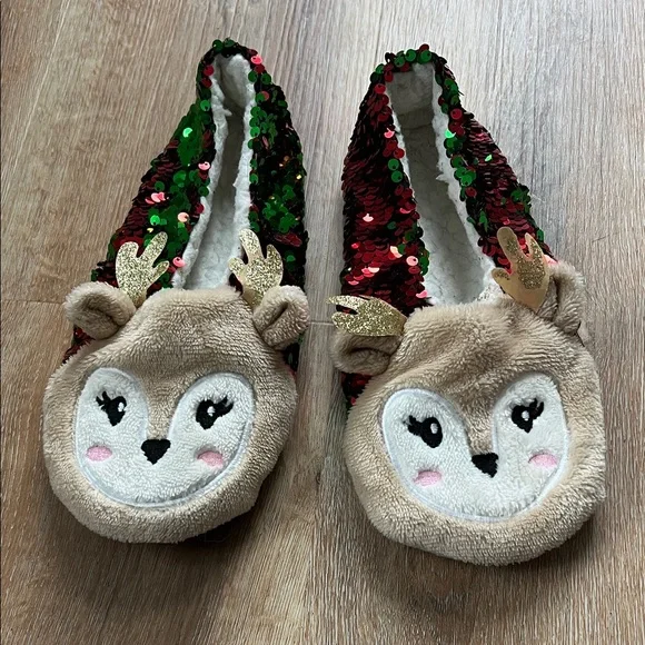 Reindeer Sequin Slippers Size 7 - Picture 1 of 14